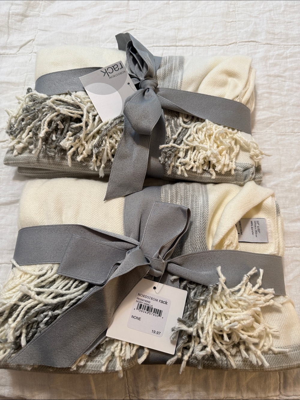 Nordstrom Cream and Gray Fringe Throw Duo with Gray Ribbon set of 2